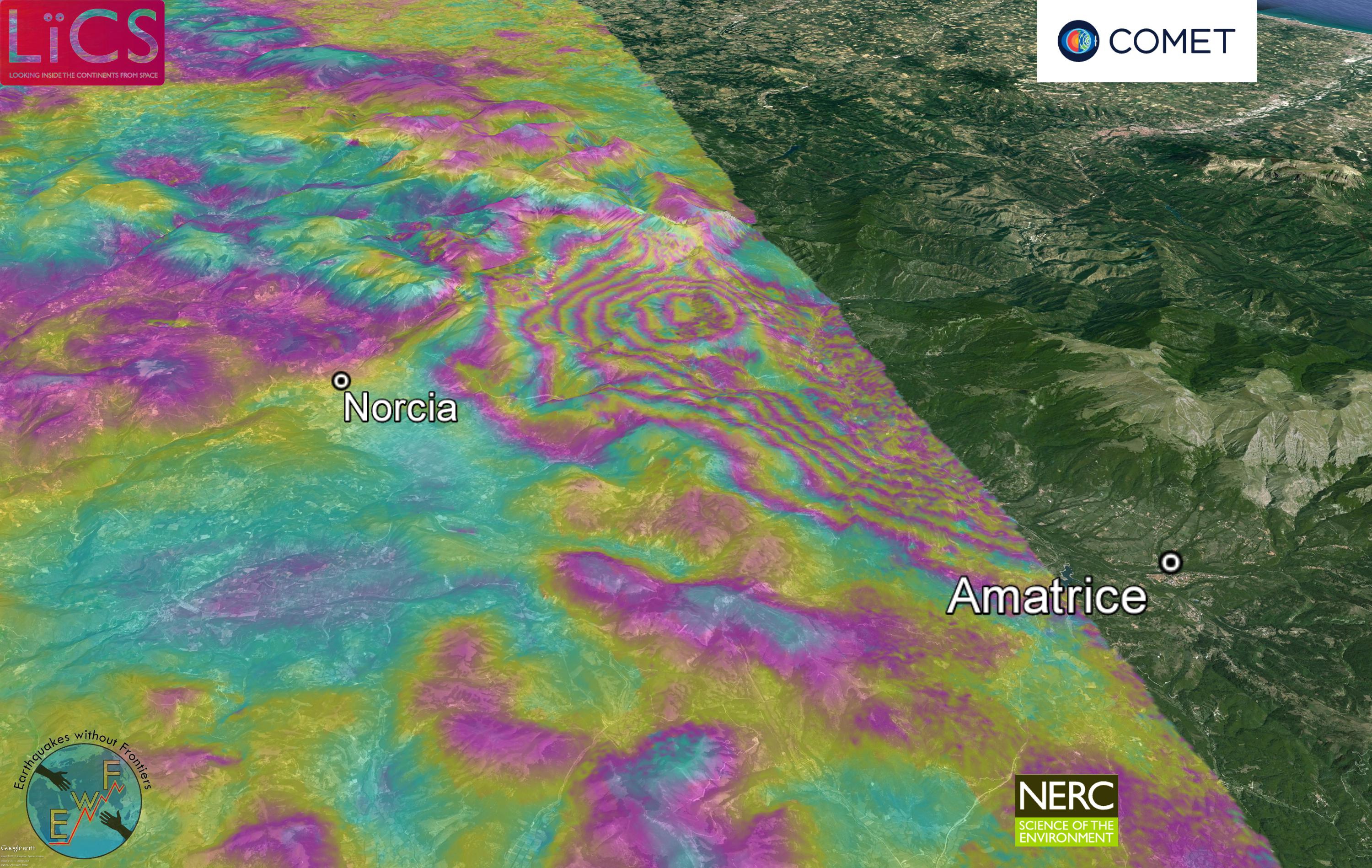 Sentinel-1 interfergram of the ground deformation around Norcia and Amatrice due to the earthquake.